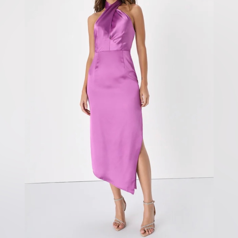 Glamorous Desires Purple Satin Sleeveless Halter Midi Dress